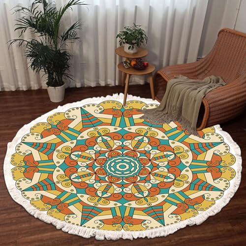 Terafeels Alfombra bohemia de cocina, redonda, vintage, lavable, antideslizante, lavable en lavadora, para el salón, dormitorio, terraza, 60 × 60 cm, 8060 cm