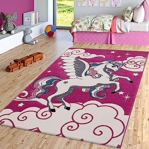 TT Home Alfombra Habitación Infantil Niños Niñas Unicornio Rosa Crema Turquesa, Tamaño:80x150 cm