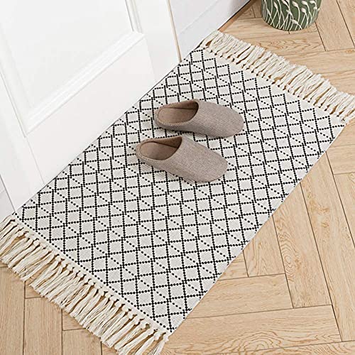 hi-home Alfombra de área para sala de estar, alfombras pequeñas de algodón con borlas para dormitorio, cocina, pasillo, lavandería, para interiores y exteriores, alfombra de suelo de 60x90 cm (negro)