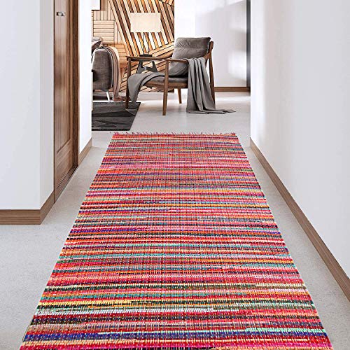 Second Nature Online Festival Long - Alfombra de trapo con flecos y rayas ecológicas, tejida a mano, con tiras de tela reciclada, 60 cm x 300 cm