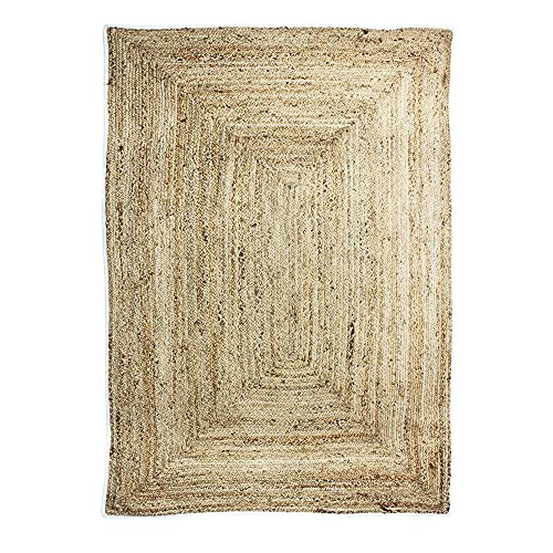THE DECO FACTORY - Alfombra de Yute Divertida - Alfombra de Yute Tejida a Mano para salón, Dormitorio, Alfombra Rectangular de Yute con Banda de algodón Blanco, decoración de Dormitorio, Alfombra