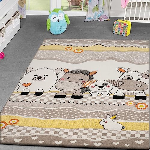 TT Home Alfombra Habitación Infantil Contorneada Divertidos Animales Granja Beige Gris, Tamaño:160x230 cm