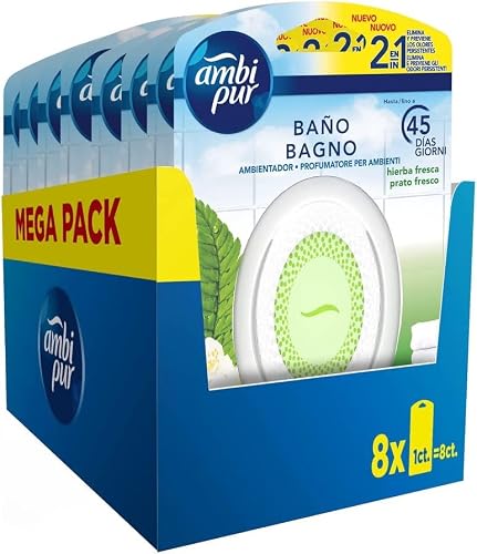 Ambipur Ambientador Casa para Baño (8 x 50 días), Elimina y Previene los Malos Olores, Fragancia Hierba Fresca, Mega Pack, El embalaje puede variar