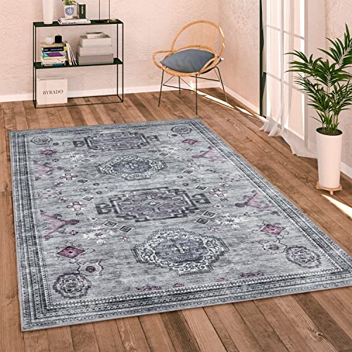 Alfombra Salon De Habitacion Tejido Plano Moderna Vintage Motivo Oriental Ornament con Ribete Se Puede Lavar, tamaño:60x100 cm, Color:Gris