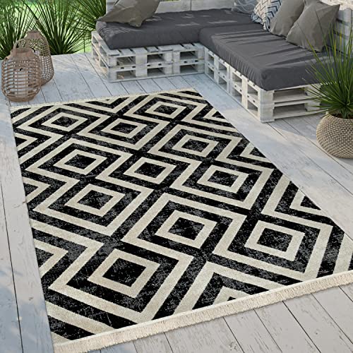 Paco Home Alfombra Tejido Plano Interior Exterior Moderno Motivo Rombos Terraza Balcón, tamaño:120x170 cm, Color:Blanco-Negro