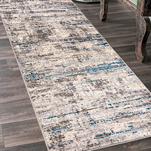 Mazovia Alfombra de Pasillo Larga - Design Vintage Moderno Pelo Corto - Alfombras de Pasillo por Metros - Alfombras para Pasillos Largos - Moqueta por Metros - Beis Azul Gris 80x475 cm