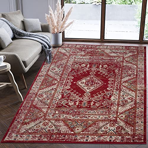 Mazovia Alfombra Oriental - Diseño Oriental de Salón Grande - Pelo Corto - Alfombras de Habitación de Matrimonio, Dormitorio y Comedor - Motivo Oriental - Rojo - 60x100 cm