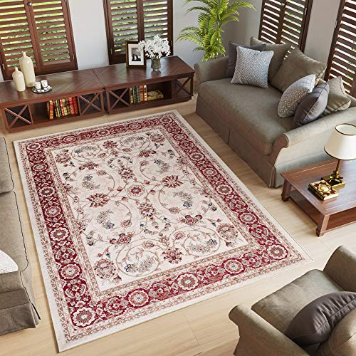 TAPISO Colorado Alfombra de Pelo Corto Resistente Diseño Tradicional Clásico Crema Beige Rojo Alfombra Persa de Salón Dormitorio Habitación Oeko-Tex 60 x 100 cm